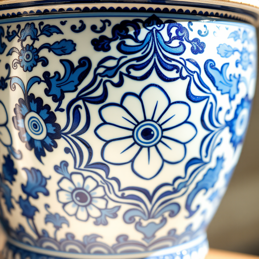 Create a highly detailed illustration of an ornamental blue and white ceramic pot with intricate floral patterns, captured in natural light using a DSLR camera, 50mm lens, f/1.8 aperture, ISO 100, and a shallow depth of field to enhance texture and color vibrancy.
