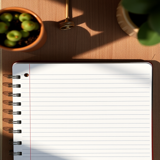 Create a blank lined notebook page with a slight shadow effect, using a Canon EOS R5 camera with an aperture of f/4, a shutter speed of 1/125s, in a top-down view, using natural lighting for enhanced image quality.