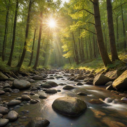 Create an image of a serene, sunlit forest scene with a clear, gently flowing river. Tall trees with lush green foliage line both sides of the river, their leaves bathed in the warm golden light of the setting or rising sun. The sunlight filters through the trees, casting soft, dappled light on the river, which flows over smooth rocks and pebbles, creating a peaceful, natural atmosphere. The sky is bright with a few scattered clouds, and the overall mood is tranquil, evoking a deep sense of connection with nature. The image captures the beauty of a calm, pristine forest landscape at either dawn or dusk.