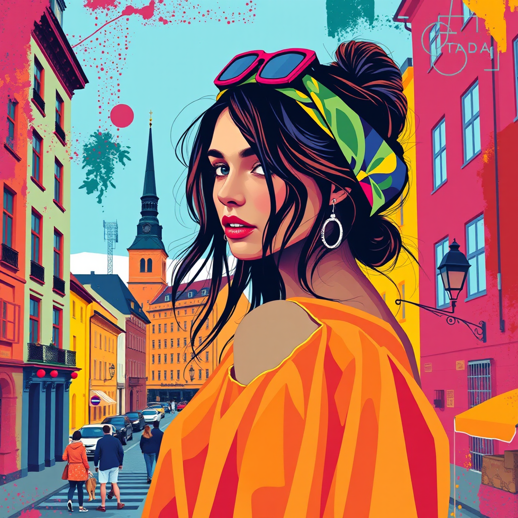 A vibrant artwork blending bohemian style with edgy street art, featuring a young Swedish woman. The design mixes vibrant colors with the modern Disney-inspired style, echoing Roy Lichtenstein's pop art. The overall mood is optimistic and trendy, with elements of Johannes Vermeer’s classic elegance, combined with the geometric abstraction of crystal cubism. add Stockholm silhouette