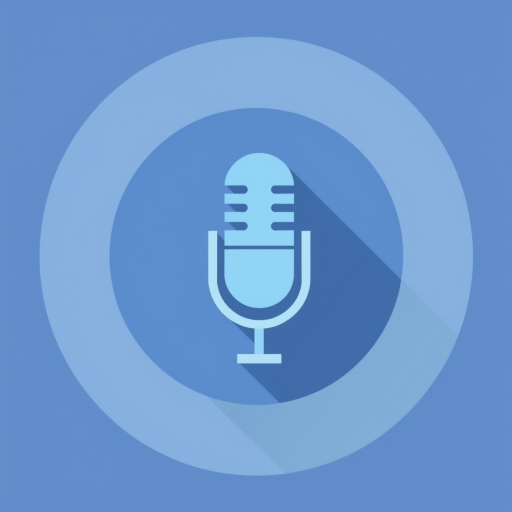 Create a flat design illustration of a microphone icon on a blue circle background, with a soft shadow effect, captured in a digital style using a high-resolution camera with an aperture of f/8, ISO 100, 50mm focal length, and bright lighting to enhance color vibrancy.