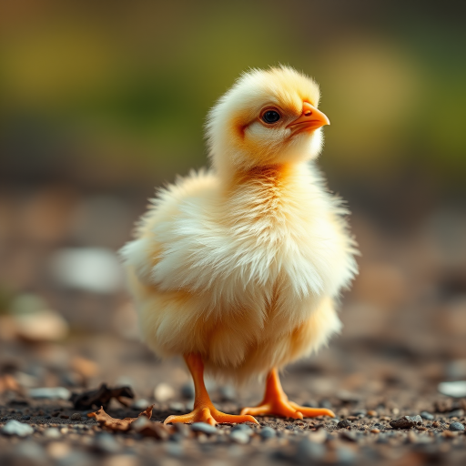 Create a high-resolution image of a fluffy chick standing upright with soft feathers, captured in natural daylight using a DSLR camera with a 50mm lens, aperture set to f/1.8 for a blurred background, shot from a low angle to emphasize height and perspective.