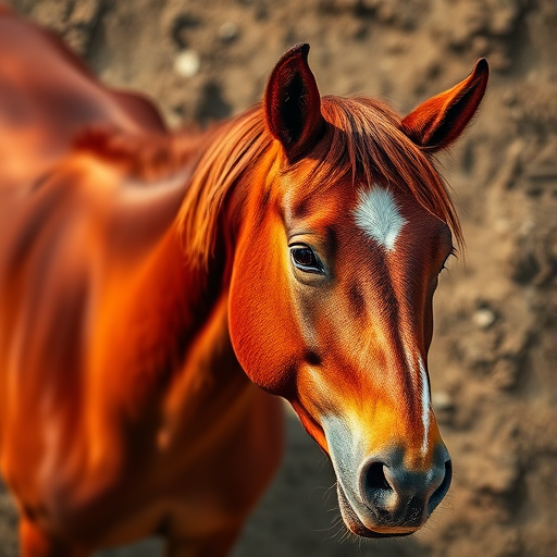 Regenerate the image of a horse with vibrant colors and a dynamic background captured using a DSLR camera at ISO 100, f/2.8, 50mm lens, top-down view, using a vivid color style to enhance texture and details.