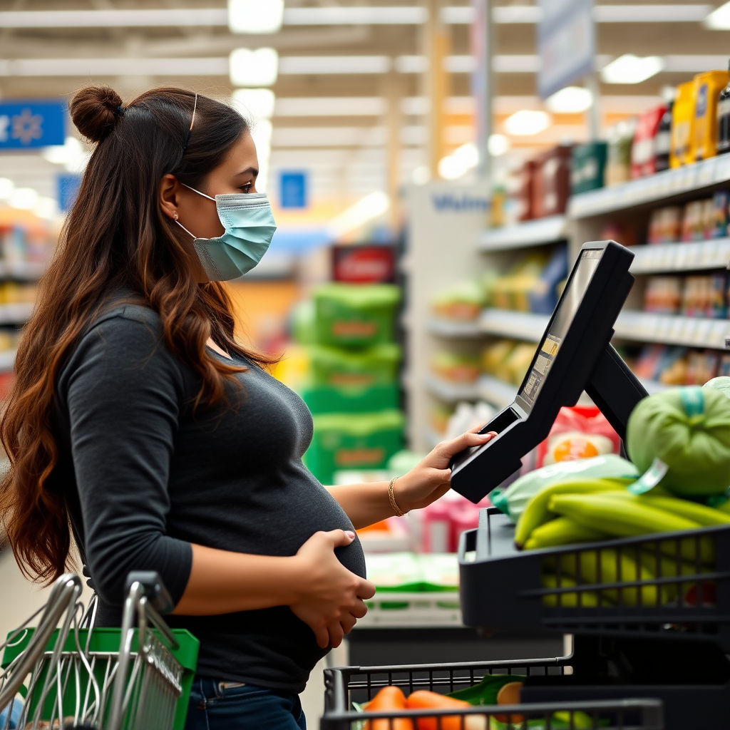 young pregnant woman as a walmart cashier ringing up someone's groceries she works there. shes wearing a surgical mask
