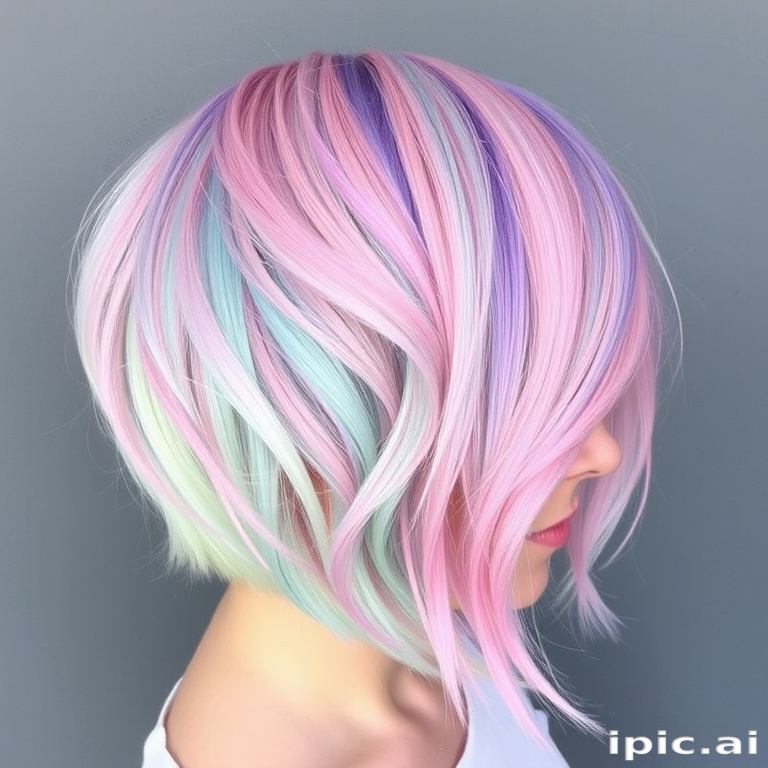 Whimsical Pastel Rainbow Bob combining soft pastel shades of pink lavender mint and baby blue in a perfectly blended short bob haircut with slightly textured ends
