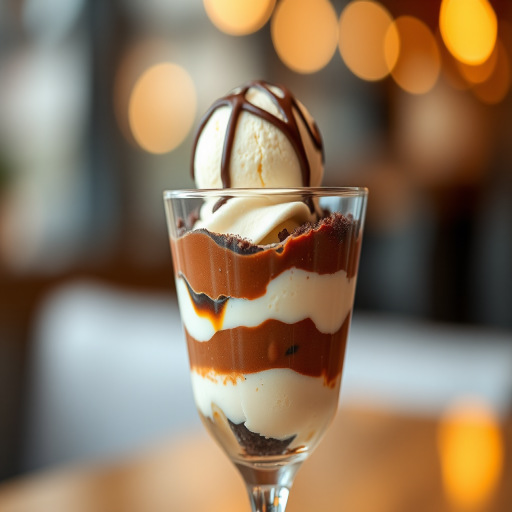 dessert with layers of cream, chocolate, and a dollop of ice cream in a clear glass, soft focus bokeh background with warm lights, close-up shot, f/2.8, ISO 200, 1/60s, natural light, DSLR camera