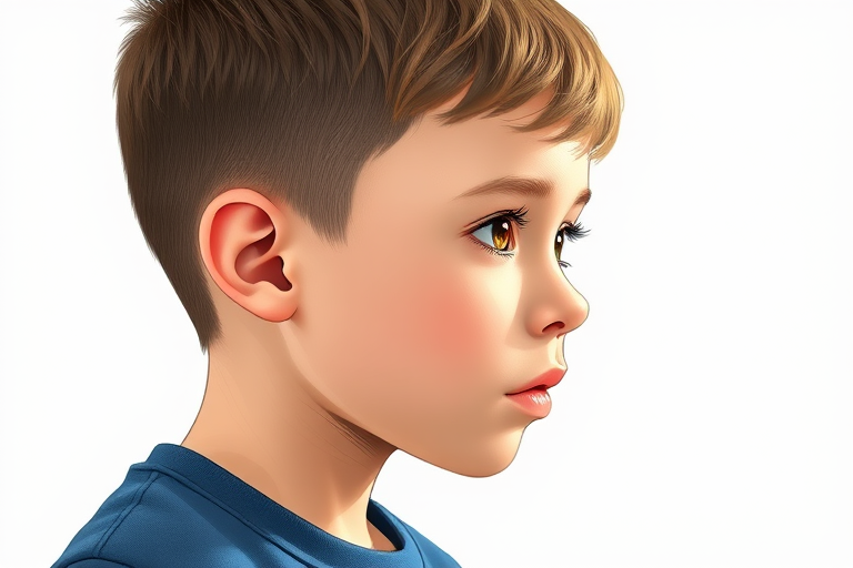 Generate a detailed illustration of a young boy with short hair, side profile view, using a Canon EOS R5 camera with a 50mm lens, aperture set to f/1.8, ISO 100, and soft natural lighting to enhance the image quality.