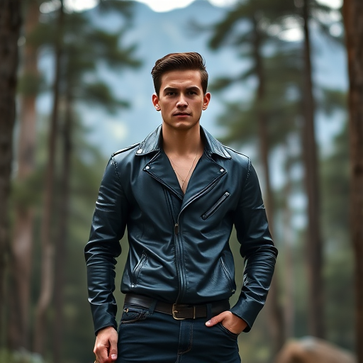 A young man in a black leather outfit stands confidently in a dense forest with mountains in the background, soft natural light, 85mm lens, f/1.8 aperture, ISO 200, shallow depth of field, portrait mode, DSLR camera.