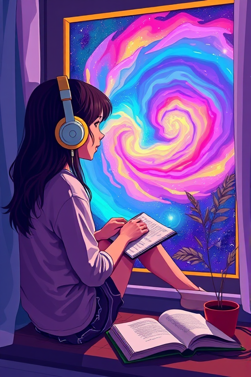 Create a vibrant digital illustration of a girl sitting by a window with headphones on, gazing at a colorful, swirling cosmic landscape outside, include a potted plant and an open book beside her, use a high-resolution setting of 300 DPI, shot with a Canon EOS R5, aperture set to f/4 for a soft background blur, 35mm lens for a natural perspective, and vibrant color grading to enhance the visual mood.