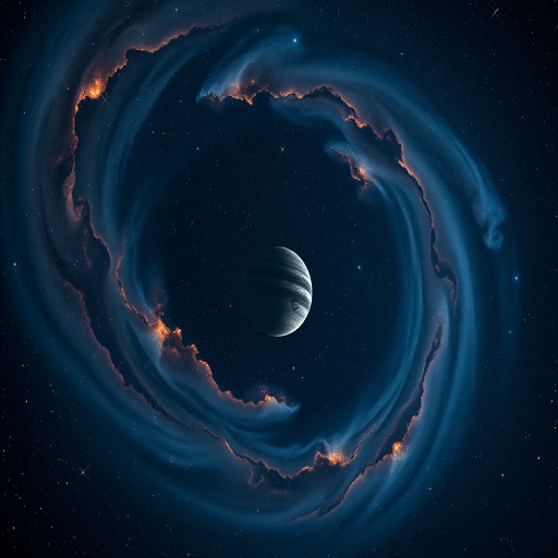 Create a high-resolution image of a cosmic scene featuring a distant planet surrounded by swirling nebulae and shimmering stars, captured with a DSLR camera at f/2.8 aperture, 30 seconds exposure, ISO 800, wide-angle lens, and a panoramic view to enhance depth and detail in the night sky.