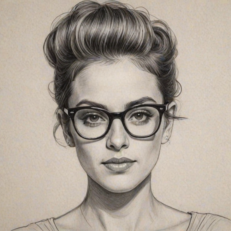 Sublime Samantha Ronson, pencil sketch, portrait of Alluring woman 1956s in glasses, hair style beatnik, outline, clear lines, fine lines, 8k