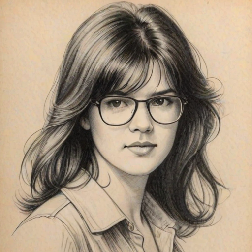 Charming Phoebe Cates, pencil sketch, portrait of Charming woman 1978s in glasses, hair style beatnik, outline, clear lines, fine lines, 8k