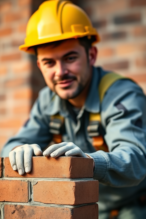 3D character of a construction worker in a hard hat laying bricks, focus on details of tools and bricks, high-resolution, shallow depth of field, 35mm lens, ISO 100, f/2.8, soft natural lighting, front view.