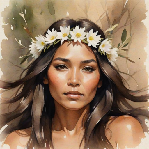 create a watercolor painting of an ethereal portrait of beautiful Native American woman with a simple white flower crown on her head. Her hair is long and she is lying on the ground. The sunlight on the trees casts shadows from the leaves on her face and body. The background is a neutral brown color that matches her skin tone. The image is minimalist and solid colors. This style is characterized by soft, delicate brushstrokes and a light, airy, contrasting color palette. High level of detail and play of light