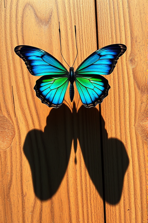 Generate an image of a colorful butterfly casting a shadow on a wooden surface. The butterfly should have vibrant blue and green hues, and the wooden surface should show detailed grain patterns in sunlight.