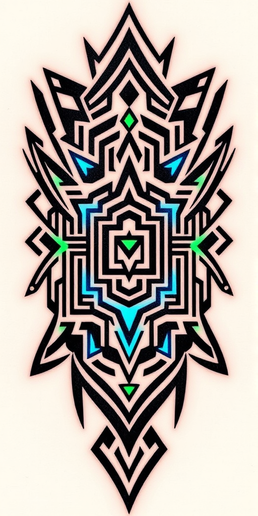 Striking "Neo-Tribal Fusion" tattoo combines traditional Polynesian patterns with futuristic geometric elements. Bold black lines form intricate maze-like designs, interspersed with electric blue and neon green accents. This modern take on tribal art features sharp angles and symmetrical shapes, creating a dynamic and visually captivating piece that seamlessly blends ancient and contemporary aesthetics.