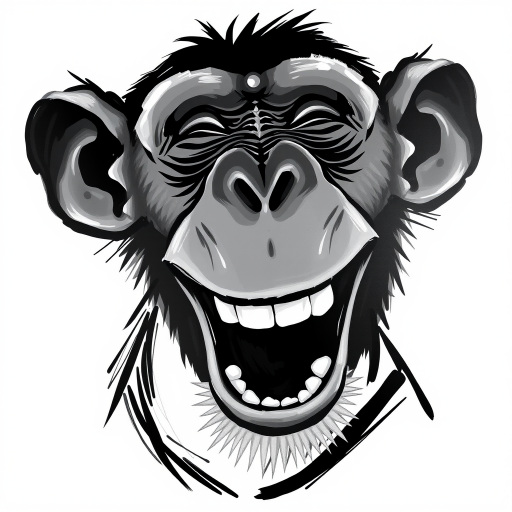 Abstract black and white acrylic portrait of an over exaggerated laughing (monkey). Minimalism style. White background.