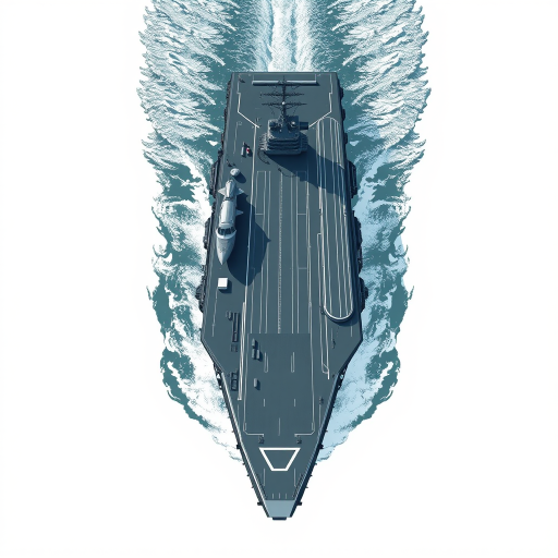 Create a high-resolution vector illustration of an aircraft carrier viewed from a dynamic aerial perspective, using a Canon EOS R5, aperture f/8, shutter speed 1/400s, ISO 100, with a focus on sharp details and a minimalistic background for enhanced clarity.