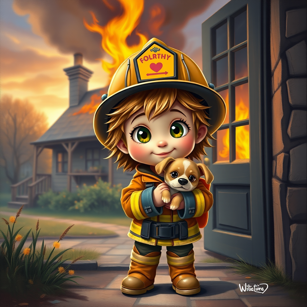 airbrushed oil painting, pixar style, cute little girl in fireman gear, helmet, tousled hair, expressive eyes, standing in the doorstep of a cottage burning behind him, holding a cute little dog in her arm, atumn sky