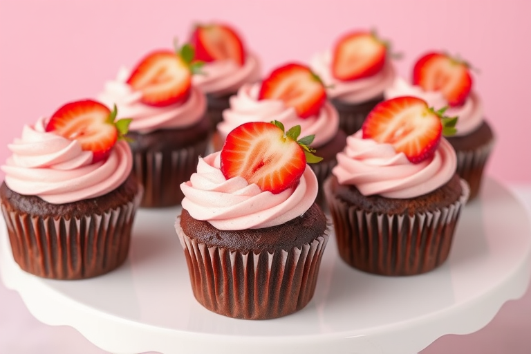 A collection of chocolate cupcakes with pink swirled frosting topped with fresh strawberry slices on a white cake stand with a soft pink background.