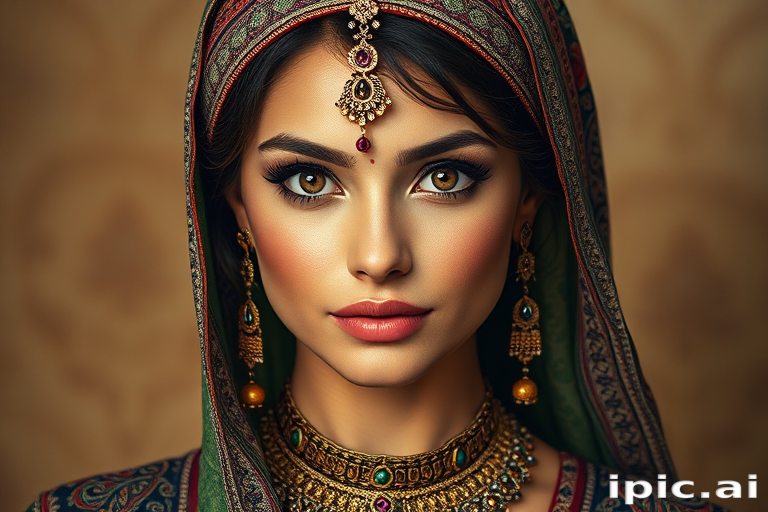 Create a portrait of a beautiful woman with striking hazel eyes and a gentle expression. She is adorned in traditional attire with intricate patterns, including a richly embroidered headscarf and matching garments. Her jewelry includes a delicate headpiece, dangling earrings, and ornate bracelets, all featuring vibrant gemstones and detailed metalwork. The background is soft and warm, enhancing the rich colors of her outfit and jewelry.
