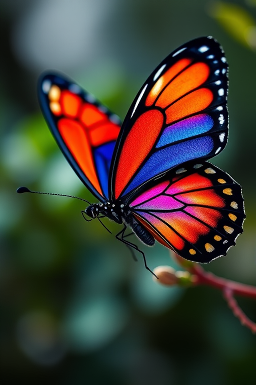 Generate a high-resolution image of a sleek, modern butterfly in vibrant colors, captured with a DSLR camera at 50mm f/1.4, ISO 200, 1/500s shutter speed, in macro view, with soft natural lighting.