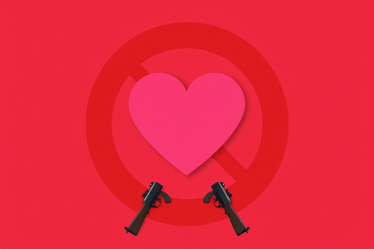Create a graphic design featuring a large pink heart inside a bold red circle, overlaid on a red prohibition sign with crossed rifles, use a flat design style, with high contrast and vibrant colors, captured with a digital camera at f/8 aperture, 35mm lens, ISO 100, in natural lighting.