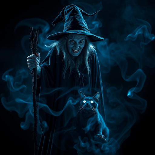 Close-up of a mysterious old crone female witch and her cat made of blue smoke are standing in the dark cackling evilly at the viewer. The smoke is a deep blue, and the background is black. The crone is wearing a long, flowing robe and has a pointed hat on her head. She is holding a staff in one hand and has a mischievous look on her face. The cat is sitting at her feet, looking up at her with glowing blue eyes. The smoke around them is swirling and shifting, as if it has a life of its own. The overall effect is eerie and magical.