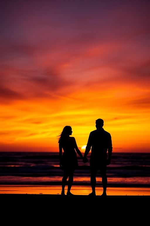 silhouette of a couple holding hands at sunset with vibrant orange and purple sky, beach setting, wide-angle lens, f/2.8 aperture, ISO 100, shot with a DSLR camera, golden hour lighting