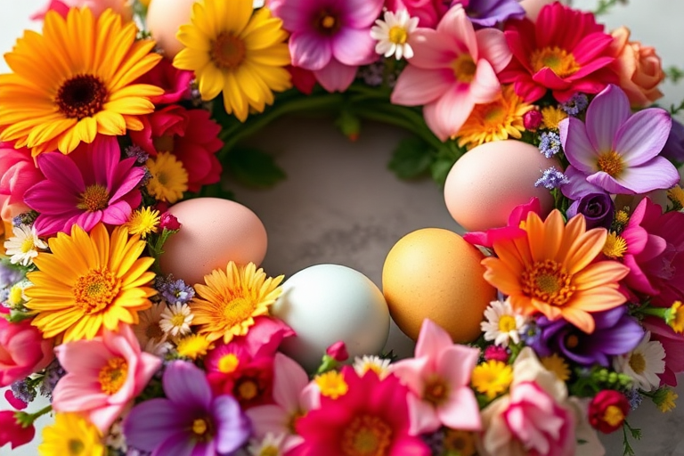 Create a vivid and colorful wreath made of various flowers and decorated eggs, captured with a macro lens at f/2.8 for a shallow depth of field, ISO 100, 1/250s shutter speed, using a digital DSLR for enhanced clarity and detail.