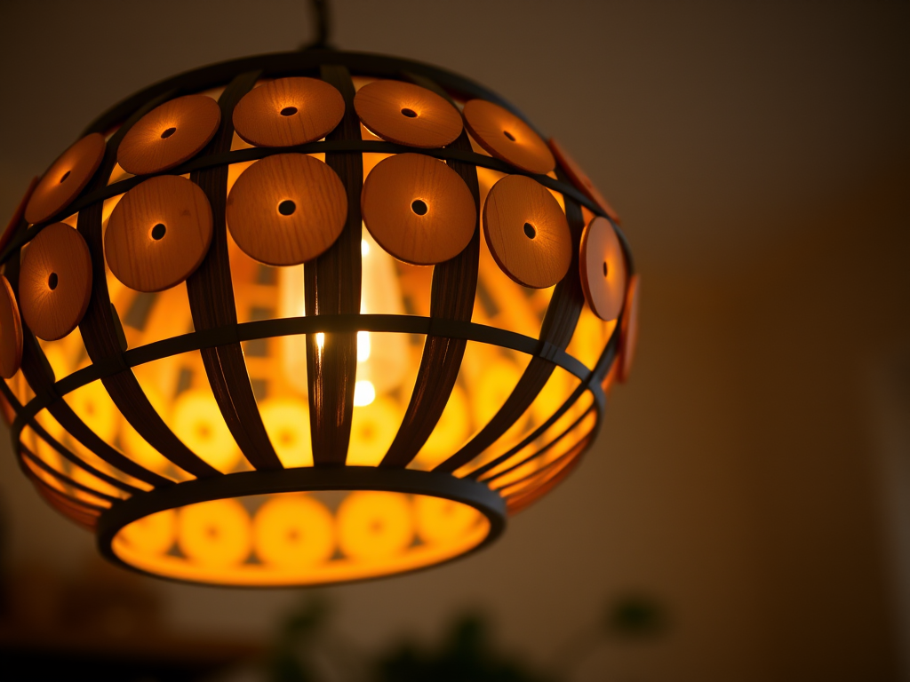 Generate an image of a decorative pendant light fixture with wooden circular slats, illuminated with a warm glow, taken with a DSLR camera at f/2.8 aperture, ISO 100, shutter speed 1/60s, in a close-up view with a soft focus background for a cozy ambiance.