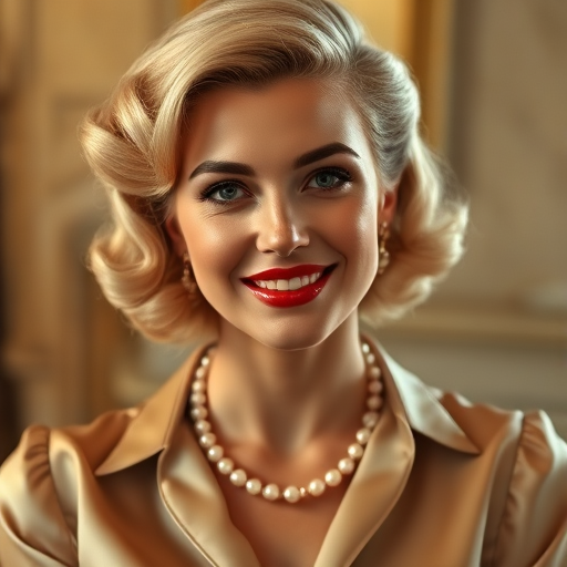 A beautiful Sephardic woman reminiscent of 1950s Hollywood glamour, with perfectly styled blonde hair and a seductive smile, dressed in a satin blouse and adorned with pearls, soft and warm tones, photorealistic, 8K