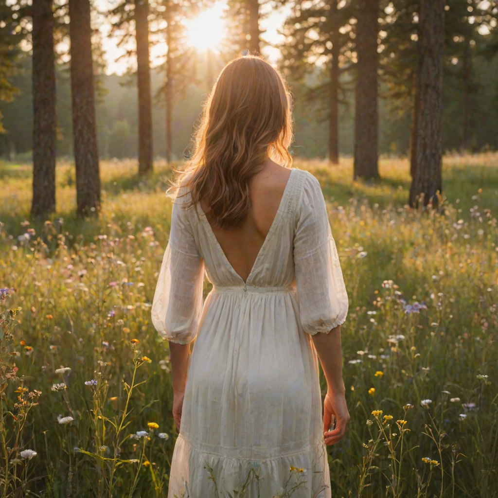Soft-focus image of a girl in a white dress standing in a meadow at sunrise, her back to the camera, with soft golden light filtering through the trees and wildflowers in the foreground.