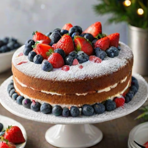 Generate an image of a round cake with a fluffy texture, topped with a variety of fresh berries including strawberries and blueberries, lightly dusted with powdered sugar. The cake is partially sliced, revealing its soft interior. Surround the cake with a festive setting, including some greenery and subtle twinkling lights in the background.