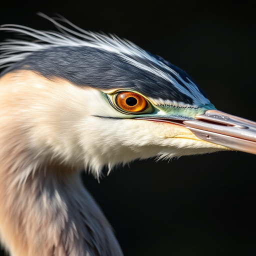 Close-up portrait of a heron with intricate feather details and striking eye, shot with a Canon EOS 5D Mark IV, 100mm f/2.8 macro lens, aperture f/5.6, ISO 200, soft natural light, shallow depth of field for a blurred background.