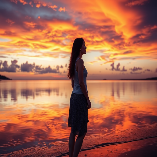 Regenerate an image of a woman standing on the shore at sunset, with vibrant orange and purple clouds reflecting in the water, captured with a DSLR camera at f/2.8, ISO 100, and a 50mm lens, in a backlit composition with high dynamic range for enhanced detail.