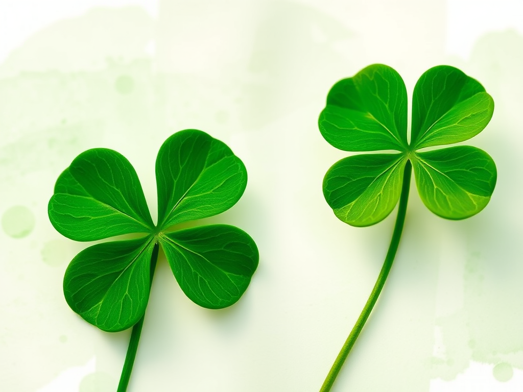Regenerate a high-resolution illustration of a four-leaf clover and a three-leaf clover placed on a soft watercolor background with a focus on vibrant green shades, taken with a DSLR camera at f/2.8 aperture, 50mm lens, ISO 100, in natural light, with a macro view for detail enhancement.
