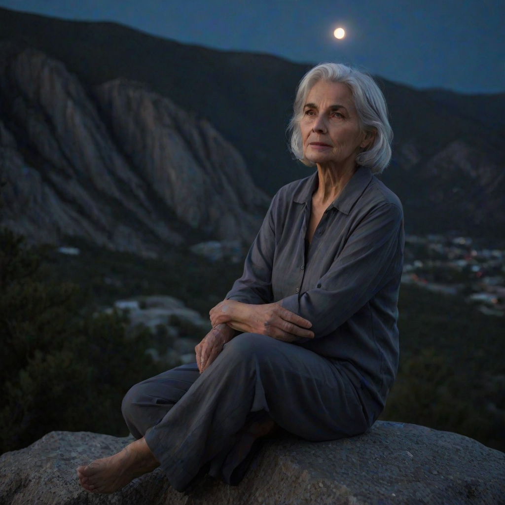portrait of a contemplative older woman with silver hair sitting on a rocky ledge at night, full moon lighting the scene, slight breeze in the air, atmospheric mountains in the background, Canon EOS R5, 50mm f/1.2 lens, ISO 100, aperture f/2.8, shutter speed 1/125s, soft focus background for depth, twilight color grading