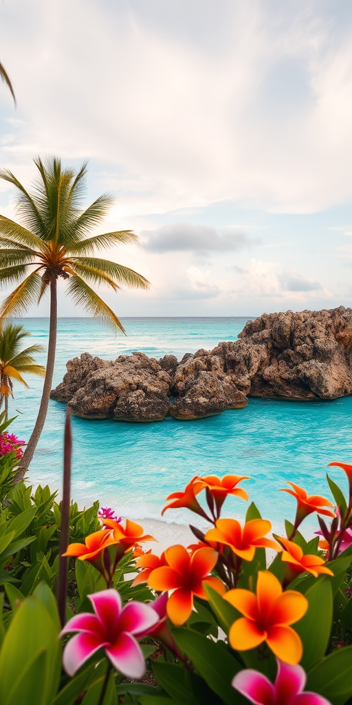 tropical beach with vibrant flowers in the foreground, turquoise sky and soft clouds in the background, shot with a Canon EOS R5, 35mm lens, f/8 aperture, ISO 100, at sunset for warm lighting effects, wide-angle view for depth.