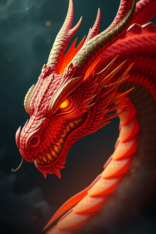 Create an image of a mythical dragon with vibrant, fiery scales, glowing orange eyes, and intricate details, set against a dark, smoky background.
