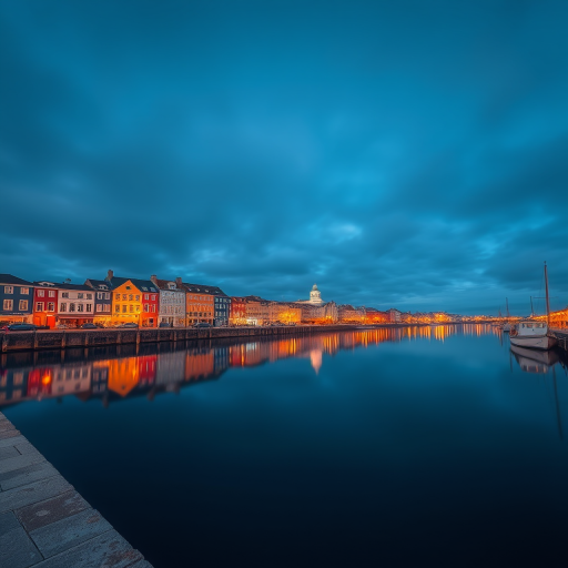 Create a high-resolution image of a serene waterfront scene at dusk with colorful buildings reflecting on calm water, shot with a Canon EOS R5 at f/8, ISO 100, 30 seconds exposure, capturing a panoramic view with a wide-angle lens at 24mm.