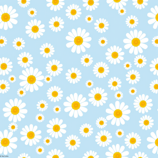 Create a seamless pattern featuring a light blue background filled with white daisies. Each daisy should have a bright yellow center and a simple, clean design. The flowers should be evenly spaced, creating a harmonious and cheerful floral pattern.