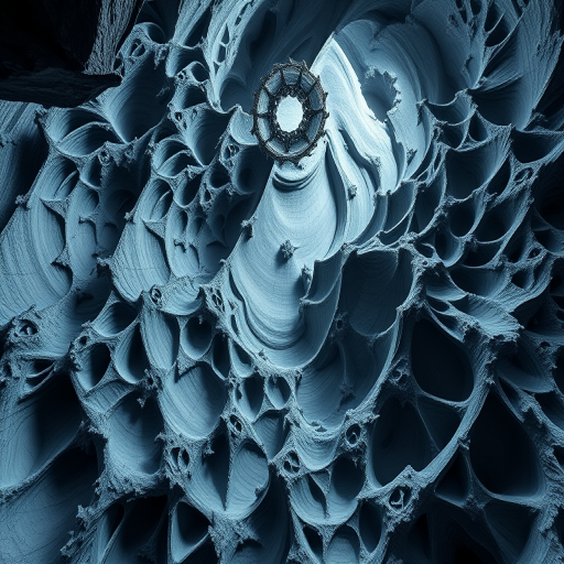 Generate a high-resolution fractal landscape showcasing a deep, intricate geometric cavern with sharp lines and rich textures, captured with a Canon EOS R5 camera, using a 24mm f/1.4 lens, at ISO 100, aperture f/8, shutter speed 1/125s, with a wide-angle view to enhance depth.