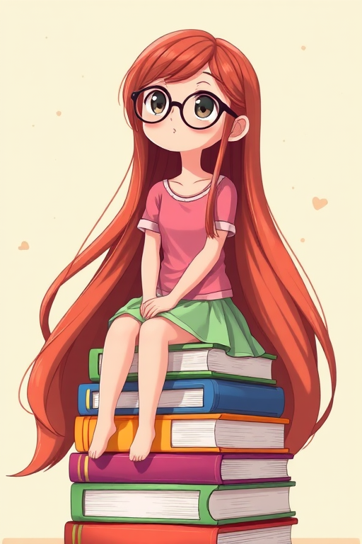 Generate a high-resolution cartoon-style illustration of a girl with long, flowing red hair sitting on a stack of colorful books, wearing glasses and a pink top with a light green skirt, sharp focus, 50mm lens, f/2.8 aperture, natural lighting, digital illustration style.