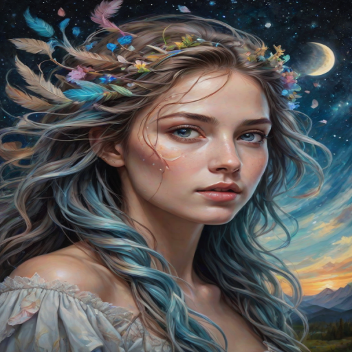 Create a series of imaginative portraits where each subject is infused with elements of fantasy and nature. The hair of the individuals should flow like clouds, varying from soft, fluffy cumulus to wispy cirrus strands, with hints of color reflecting a sunset or a clear blue sky. The eyes should be windows to entire galaxies, with stars, nebulae, and distant planets visible within them. Clothing should be adorned with nature motifs, such as floral patterns that bloom and change, vines that seem to grow and wrap around, or feathers that shimmer with iridescence. Each portrait should capture a unique personality, blending human features with the ethereal beauty of the natural and cosmic world. The backgrounds can vary, from starry night skies to enchanted forests, adding depth and context to the magical realism of the portraits