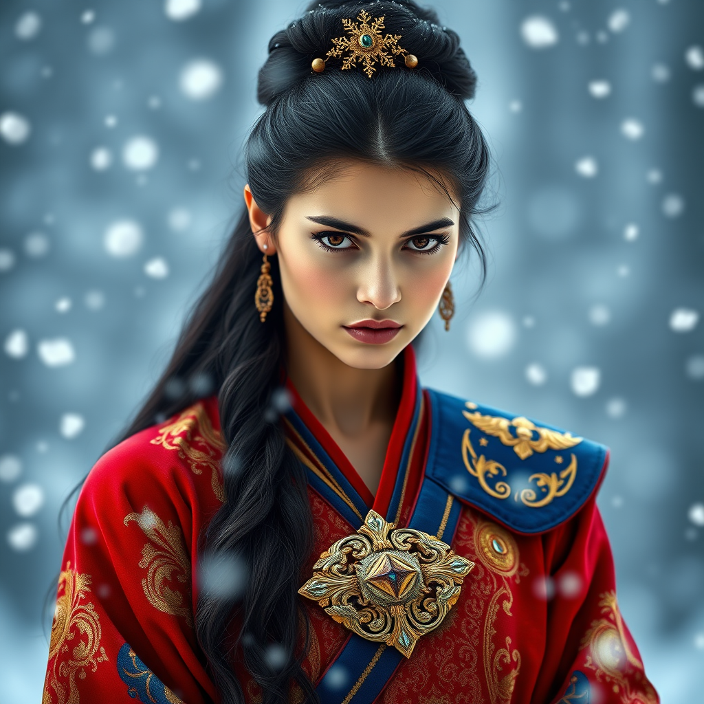 A young woman with long black hair styled in a high bun, adorned with a gold crown and intricate hair ornaments, stares intently at the viewer. She wears a vibrant red and gold embroidered robe with blue accents, a gold belt with a large ornate buckle, and a blue and gold shoulder piece. The woman is positioned in the center of the frame, with the background blurred and filled with falling snow. The image has a soft, ethereal feel with a focus on the woman's face and attire, creating a portrait-like composition. The colors are rich and saturated, with the red, gold, and blue of the clothing standing out against the muted blue and white of the snowy backdrop. The lighting is soft and diffused, casting a warm glow on the woman's face.  The overall mood is elegant and mysterious.  The details of the woman's attire, especially the intricate embroidery and embellishments, add a sense of opulence and grandeur.  The falling snow further enhances the sense of winter magic and wonder.