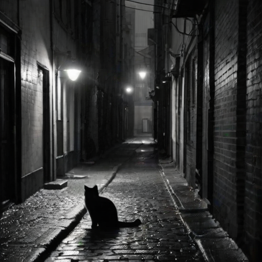 High-contrast black-and-white image of a deserted alleyway in the rain, with a single streetlamp illuminating wet cobblestones, and a stray cat dashing through the shadows.