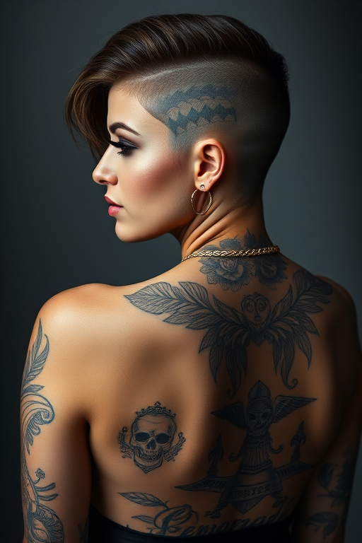 portrait of a tattooed woman with a shaved side hairstyle, showing intricate tattoos on her back, soft natural lighting, focus on details, f/1.8 aperture, 85mm lens, ISO 100, shot with a DSLR camera from a slightly elevated angle to capture the full tattoo details