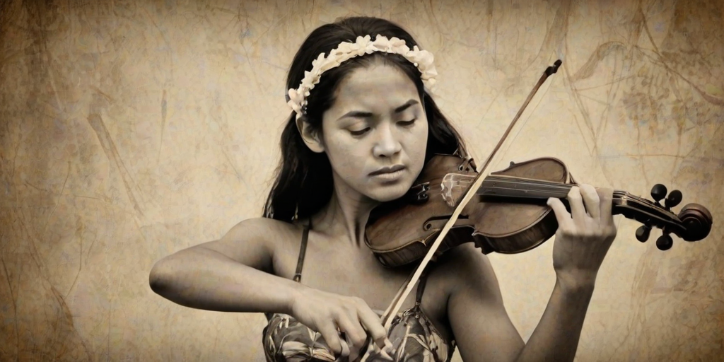 a young Hawaiian woman with a white headband playing a violin, in the style of a charcoal drawing, sepia grunge background
