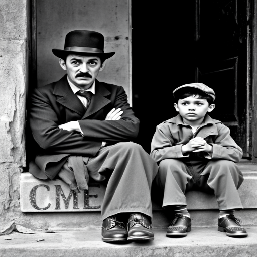 A black-and-white photograph of a man and a child sitting on steps in front of a doorway. The man is dressed as a tramp with a bowler hat, mustache, and ragged clothes, reminiscent of Charlie Chaplin's iconic look. He is sitting with his arms crossed and an expression of slight sadness or frustration. Next to him is a young boy, also in worn clothes and a cap, sitting with his hands clasped, looking thoughtful. The background is an old, textured wall and a partially open door, creating a vintage, early 20th-century atmosphere.